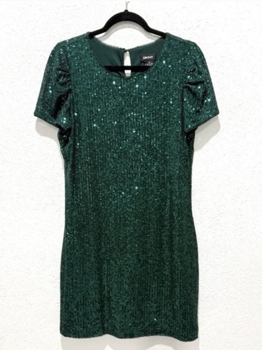 DKNY Stretch Sequin Crew Neck Short Ruched Sleeve Dress Sz 12